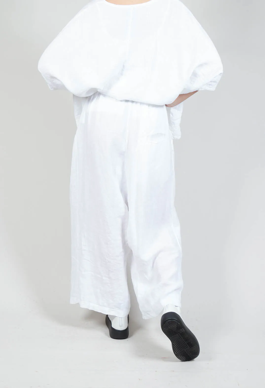 Wide Leg Drop Crotch Linen Trousers in White