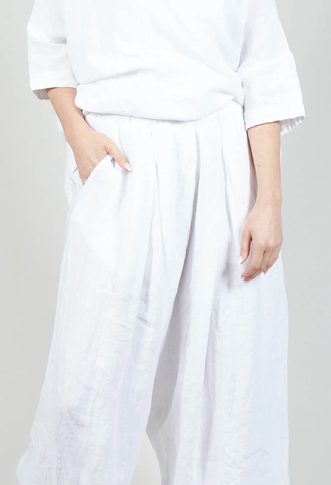 Wide Leg Drop Crotch Linen Trousers in White