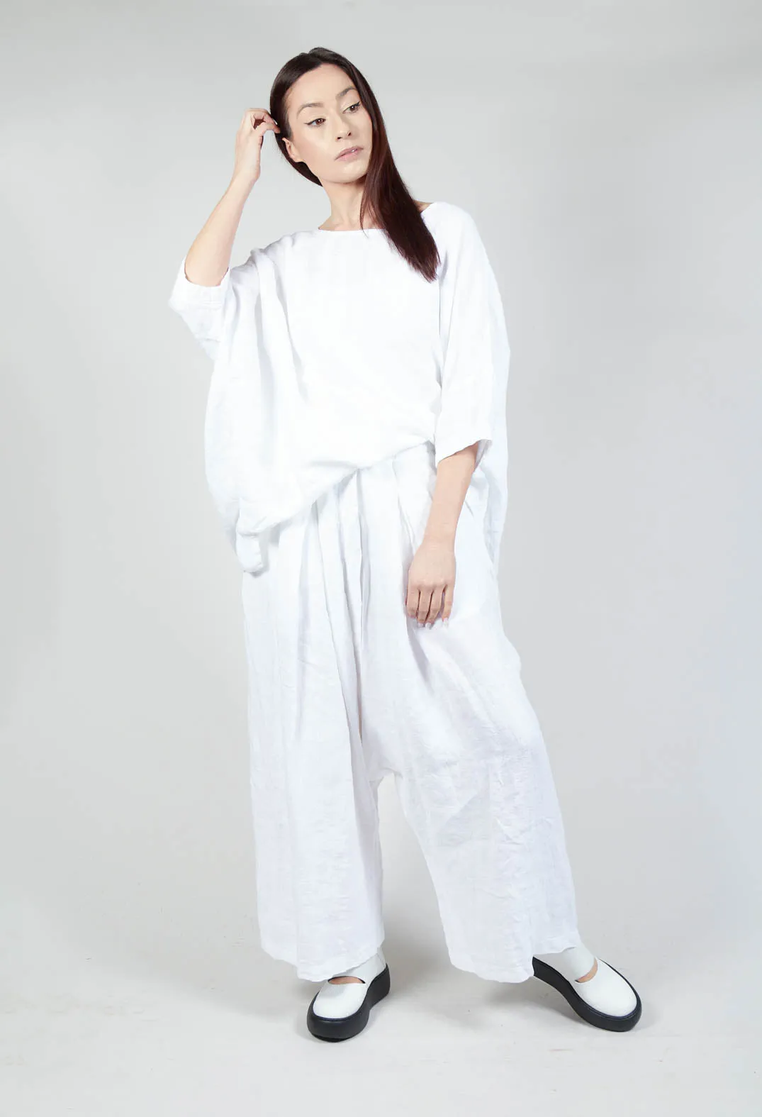 Wide Leg Drop Crotch Linen Trousers in White