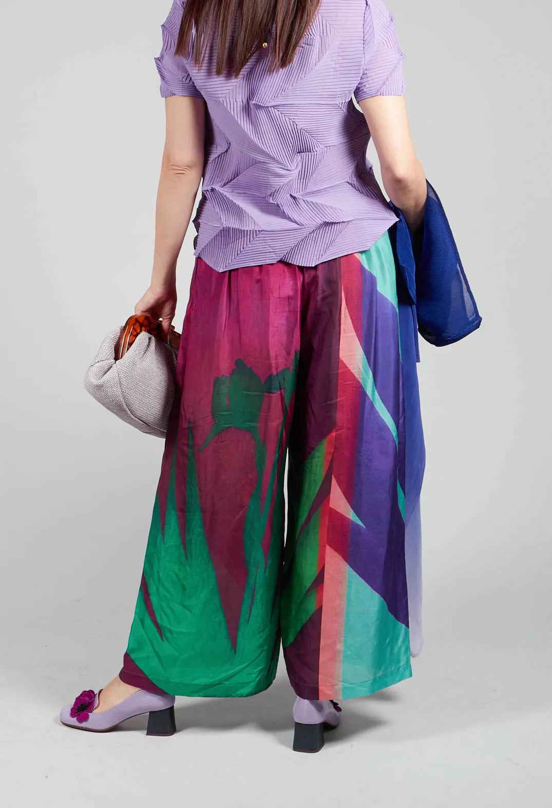 Wide Leg Silk Trousers with Bold Purple Print