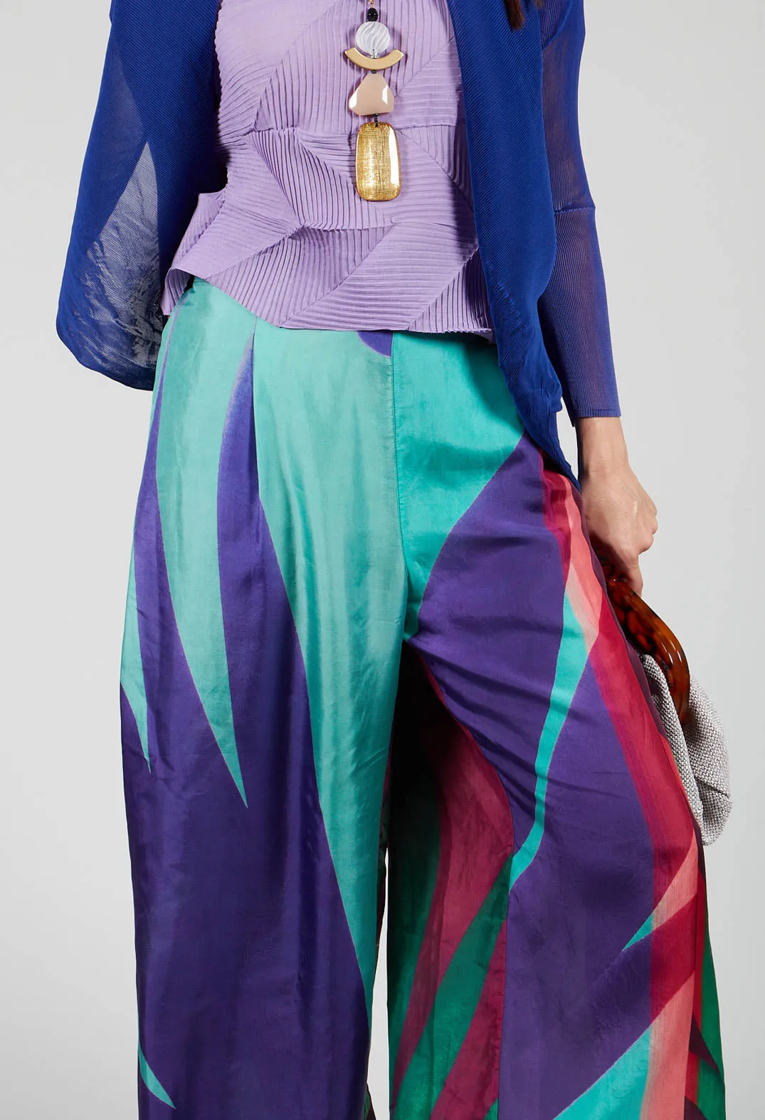 Wide Leg Silk Trousers with Bold Purple Print