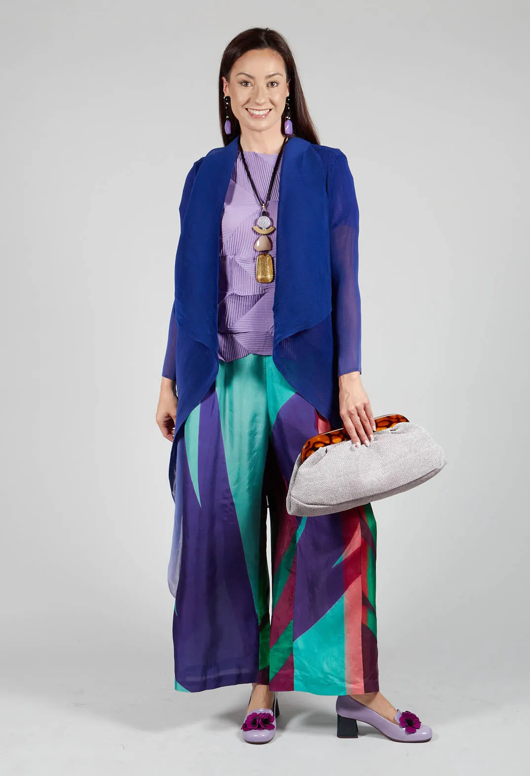 Wide Leg Silk Trousers with Bold Purple Print