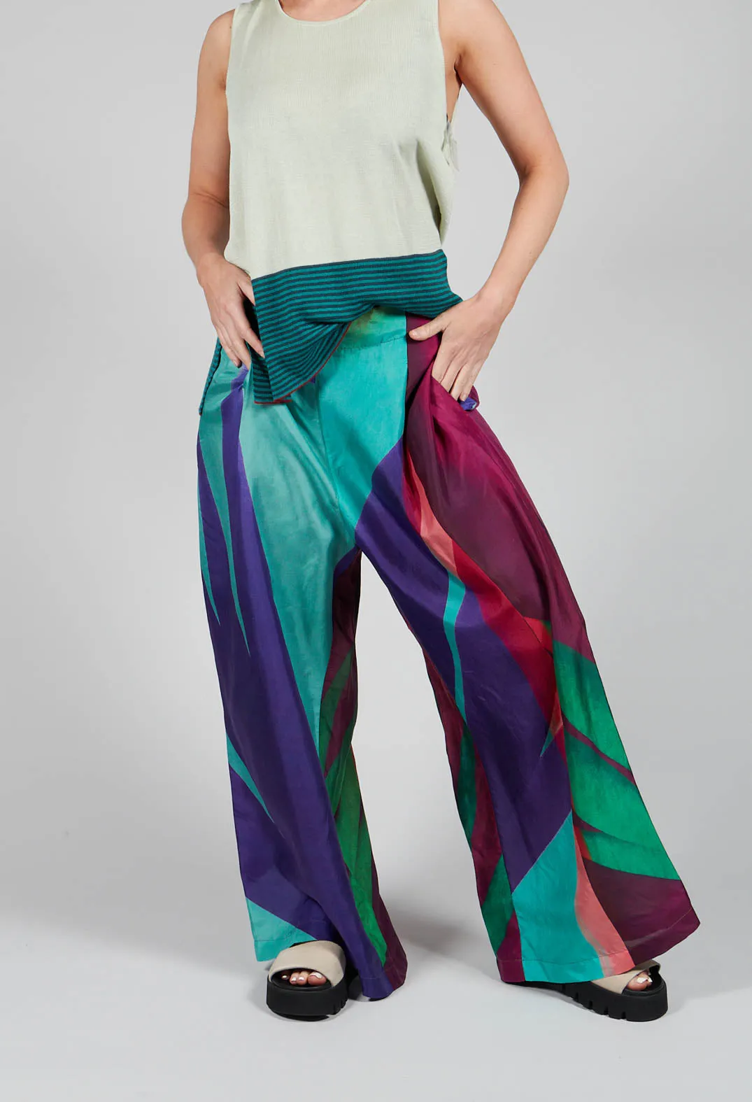 Wide Leg Silk Trousers with Bold Purple Print