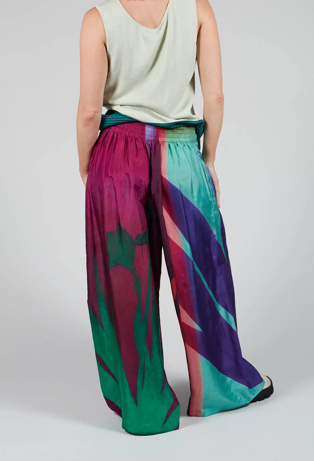 Wide Leg Silk Trousers with Bold Purple Print