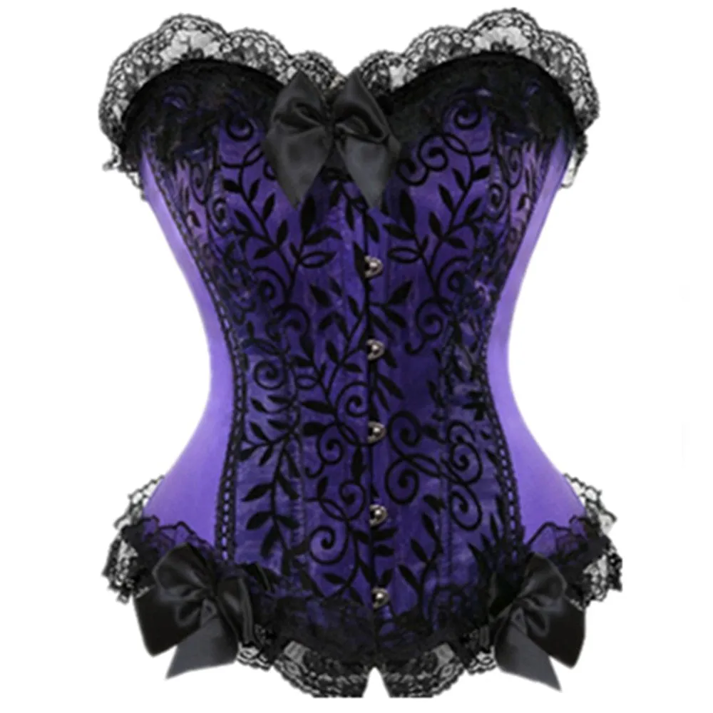 Women Sexy Satin Lace overlay Bustier Top Corset Sexy Boned Waist Trainer Corset Overbust Brocade Bodyshaper Showgirl Costume