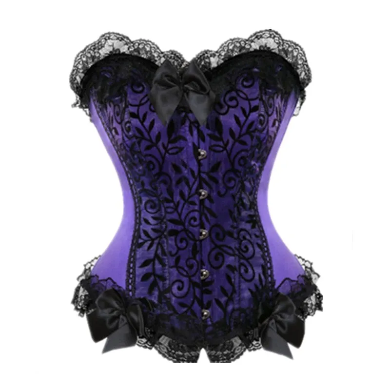 Women Sexy Satin Lace overlay Bustier Top Corset Sexy Boned Waist Trainer Corset Overbust Brocade Bodyshaper Showgirl Costume