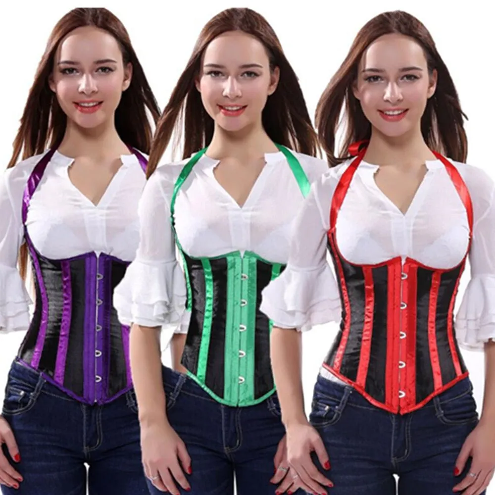 Women Sexy Shapewear Plus Size Satin Stripe Underbust Corset Bustier Halter Neck Straps Bodyshaper Clothing S-6XL