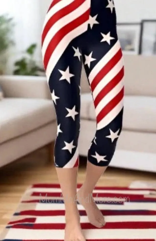 Womens American Flag Capri Leggings, Patriotic 4th of July Pants, Sizes 0-18, No-Roll Waist, Red/White/Blue