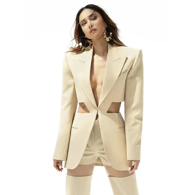 Women's Designer Single Button Hollow Out Blazer Pants Suit Set