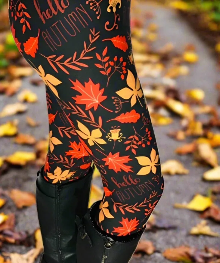 Womens Fall Leaf Hello Autumn Leggings, Soft Yoga Pants, Sizes 0-22, Yoga Waist, Black/Orange, Exclusive Leggings