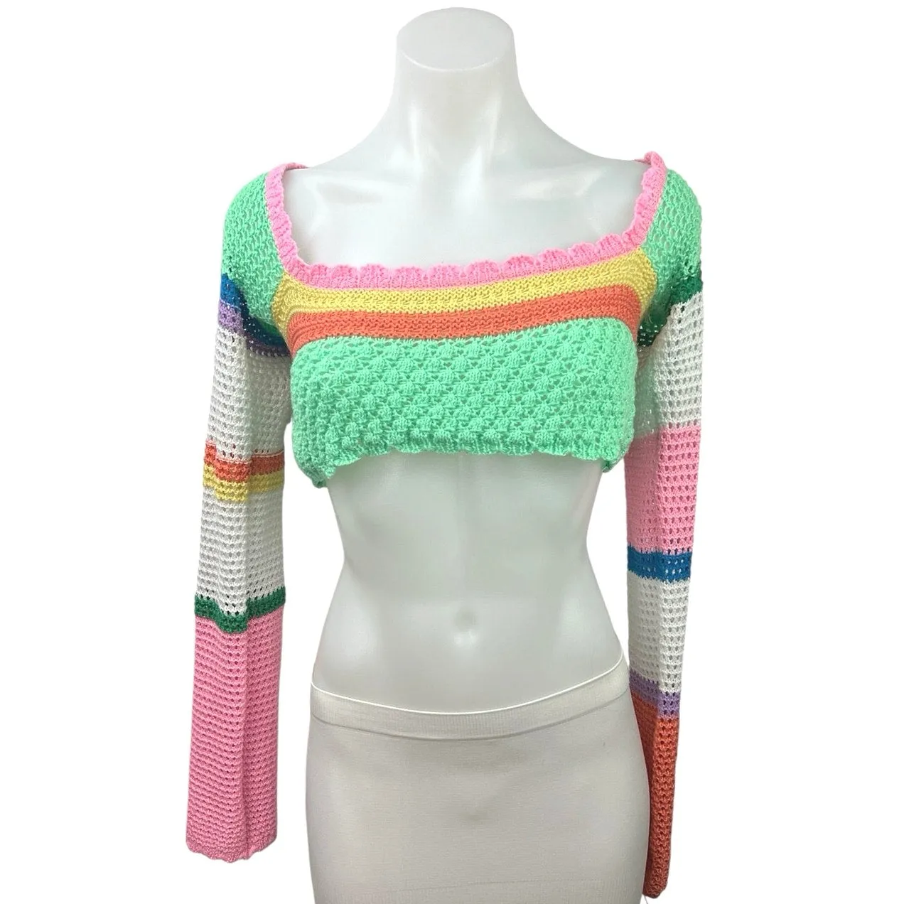 Women's Multi Colorblock Crochet Knit Long Sleeve Square Neck Sweater Crop Top S