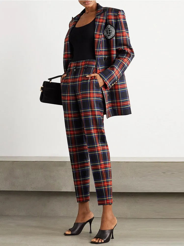 Women's Plaid Pattern Blazer Ankle-Length Pants Two-Piece Suit