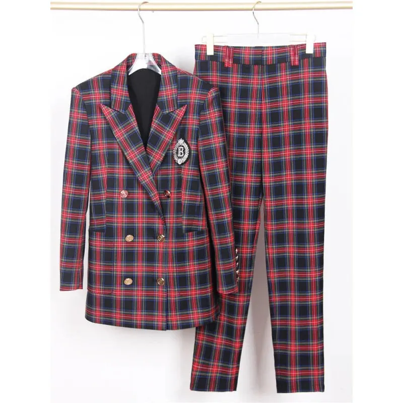 Women's Plaid Pattern Blazer Ankle-Length Pants Two-Piece Suit