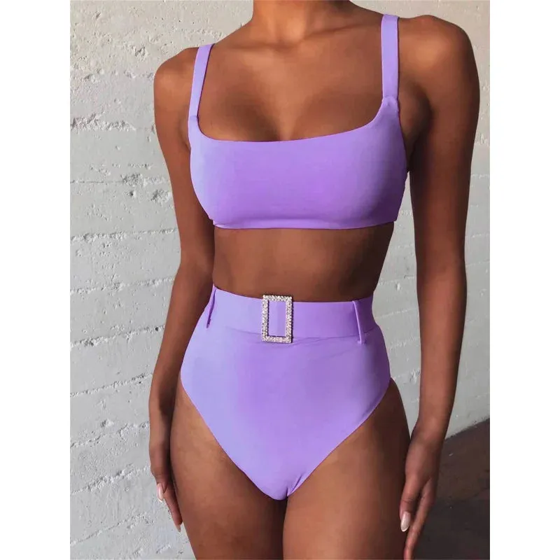 Women's Polyester Solid Pattern High Waist Two Piece Bathing Suit