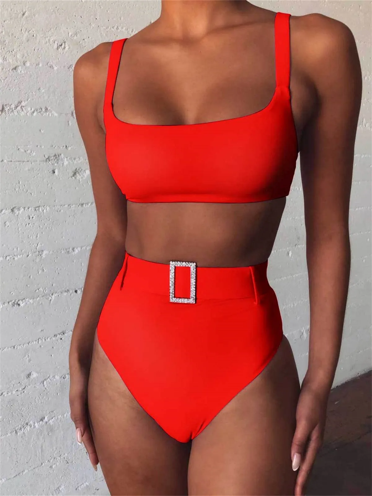 Women's Polyester Solid Pattern High Waist Two Piece Bathing Suit