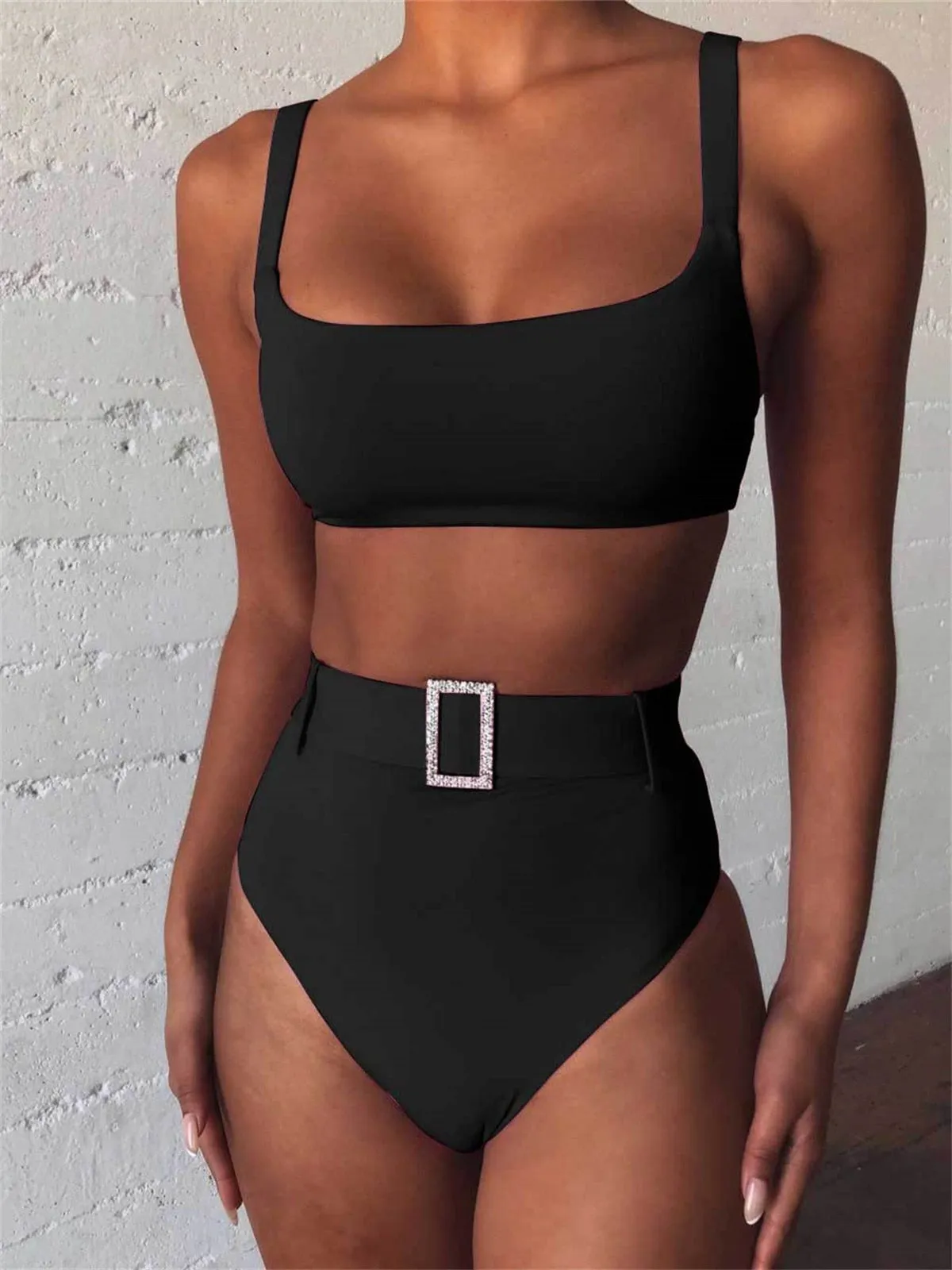 Women's Polyester Solid Pattern High Waist Two Piece Bathing Suit