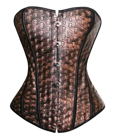 Women's Sexy Brown Faux Leather Overbust and underbust Corset with Skull Print Sexy Pirate Costume Dancer Top S-6XL