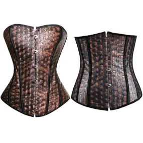 Women's Sexy Brown Faux Leather Overbust and underbust Corset with Skull Print Sexy Pirate Costume Dancer Top S-6XL