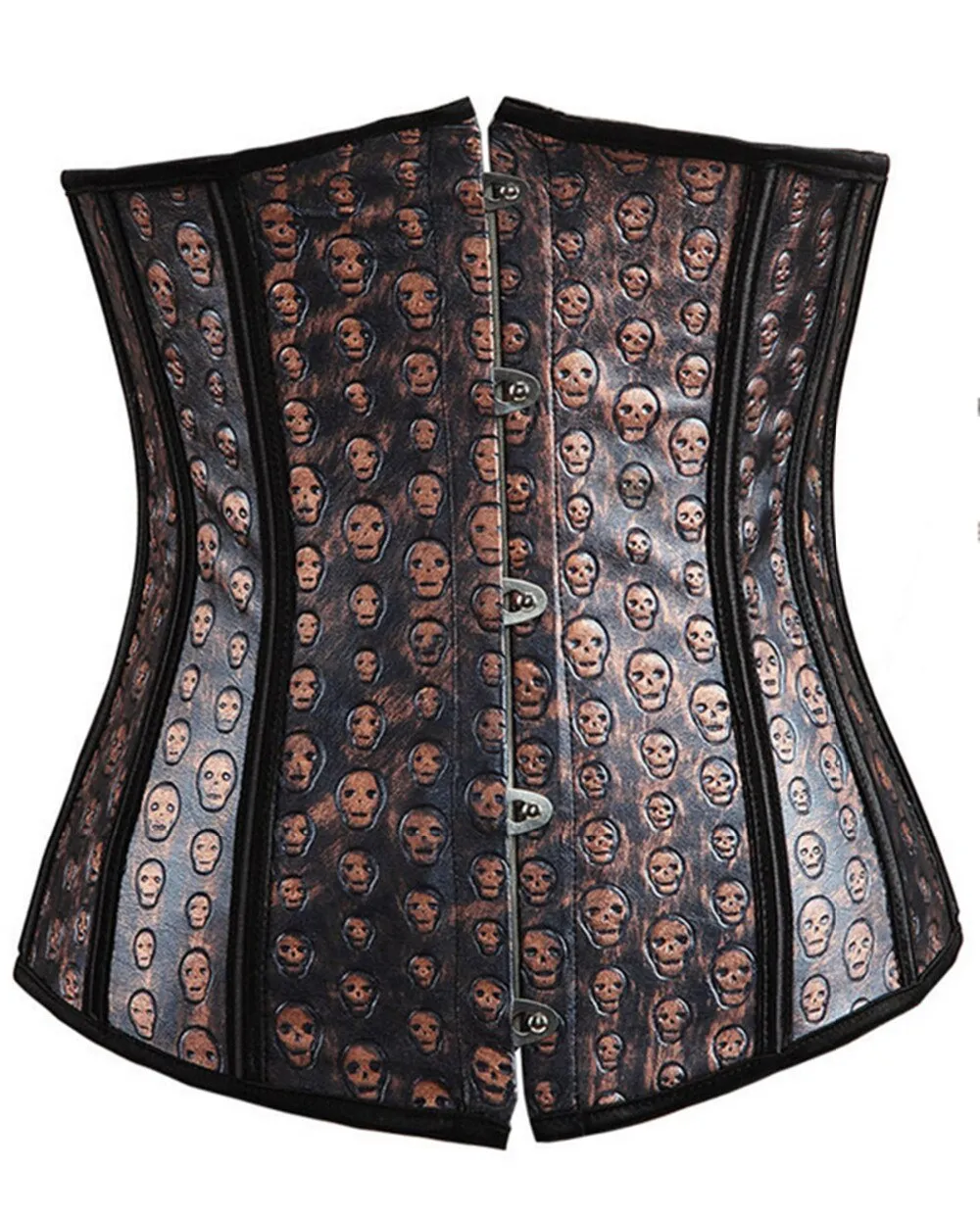 Women's Sexy Brown Faux Leather Overbust and underbust Corset with Skull Print Sexy Pirate Costume Dancer Top S-6XL