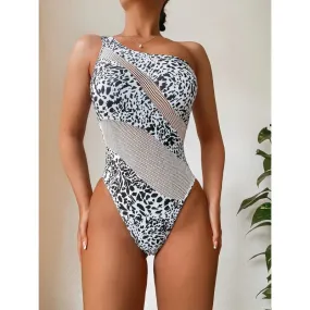 Women's White Leopard Mesh Patchwork One Shoulder One Piece Swimwear