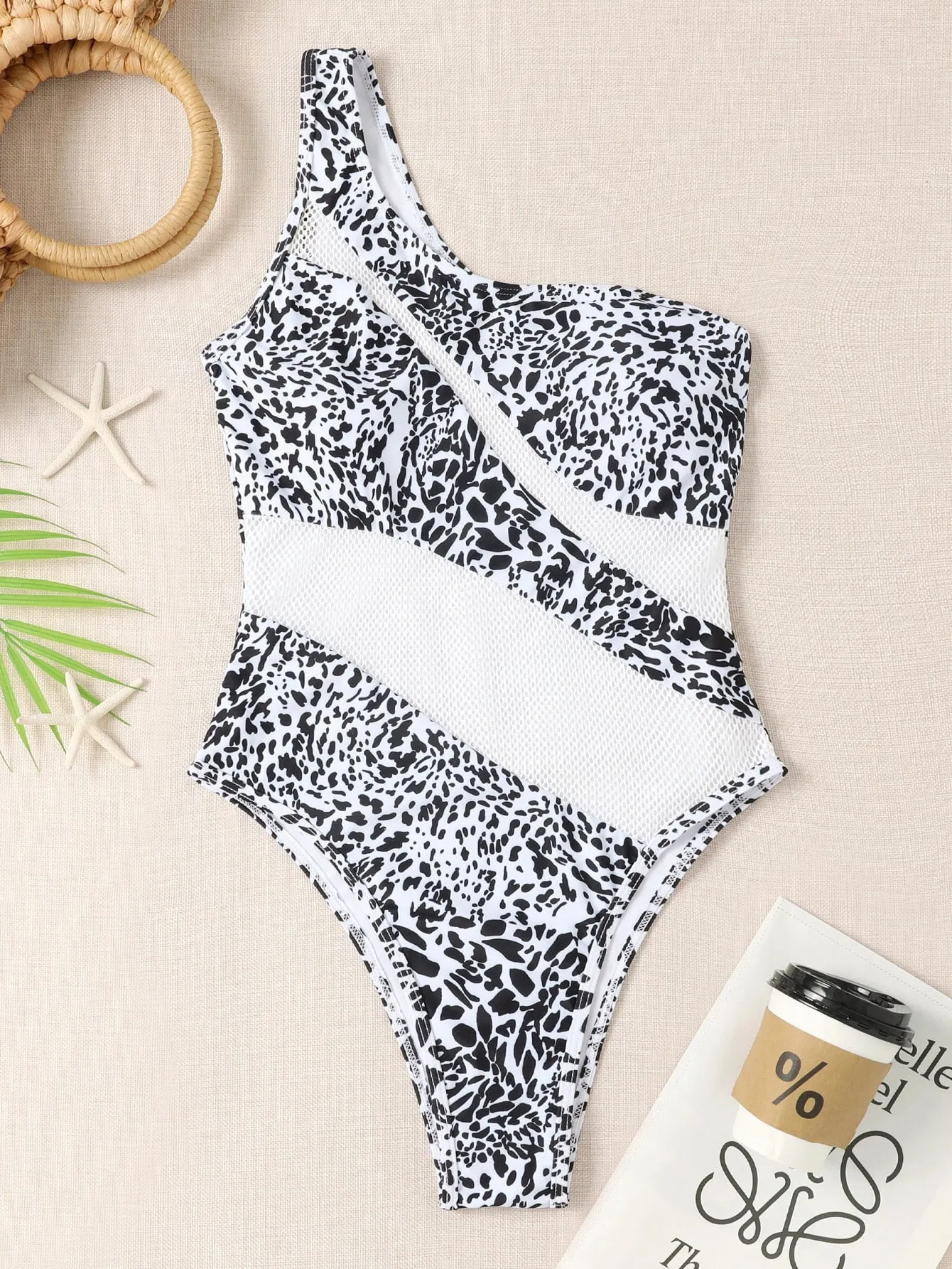 Women's White Leopard Mesh Patchwork One Shoulder One Piece Swimwear