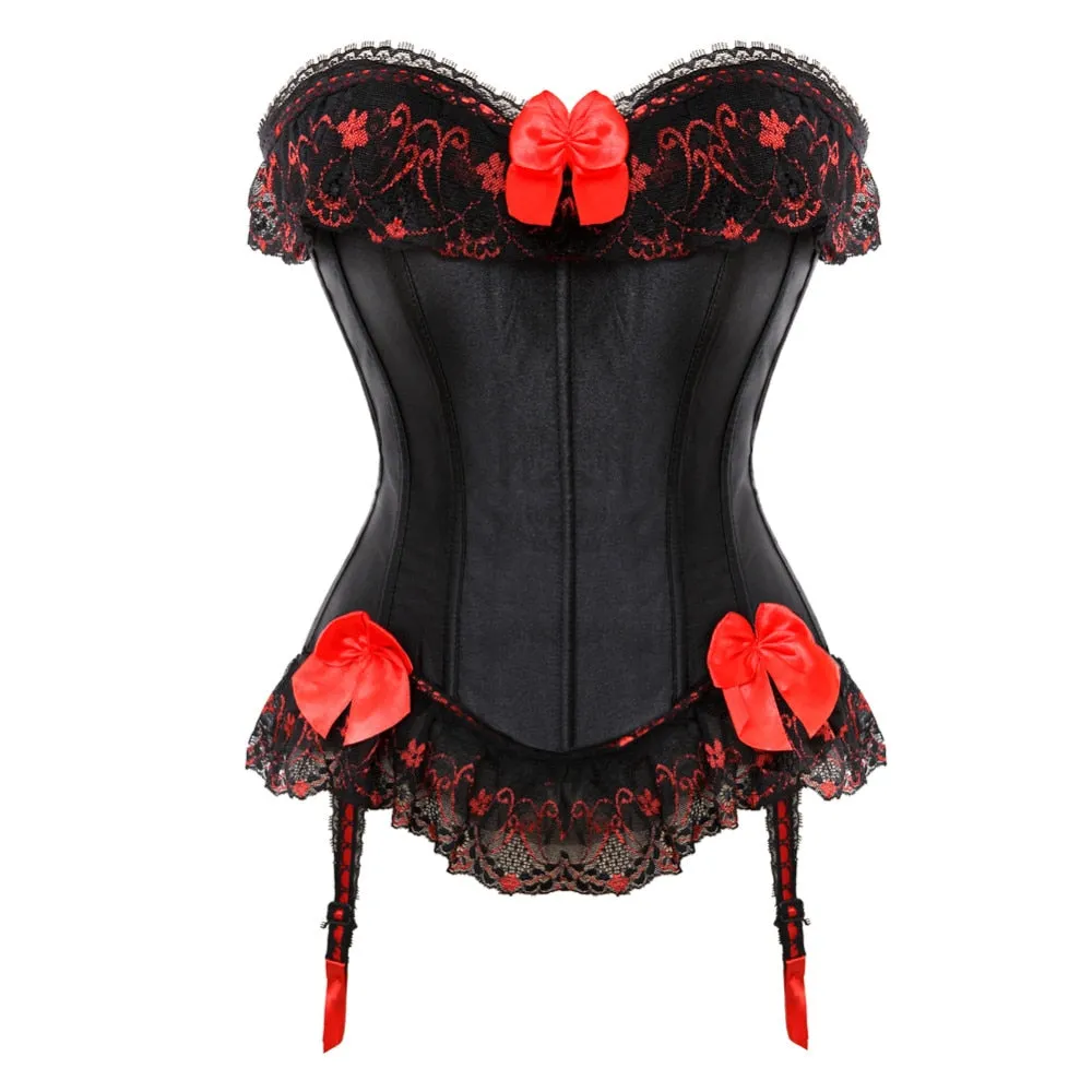 XS-7XL Hot Sexy Satin Lace overlay Overbust Corset Top Zipper Side Bowknot Decorated Clubwear Showgirl Body Shaper Plus Size