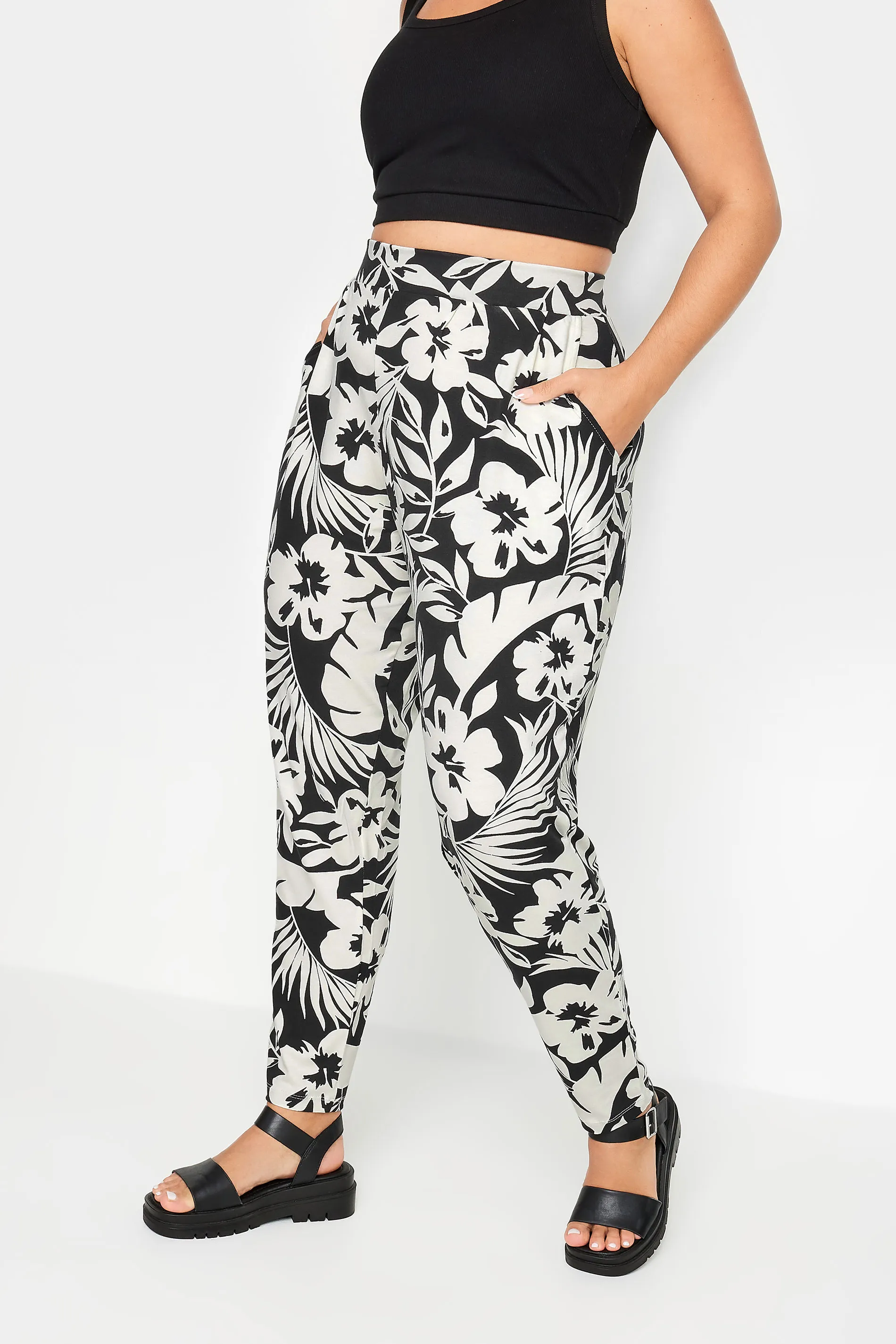 YOURS Curve Black & White Tropical Print Harem Trousers