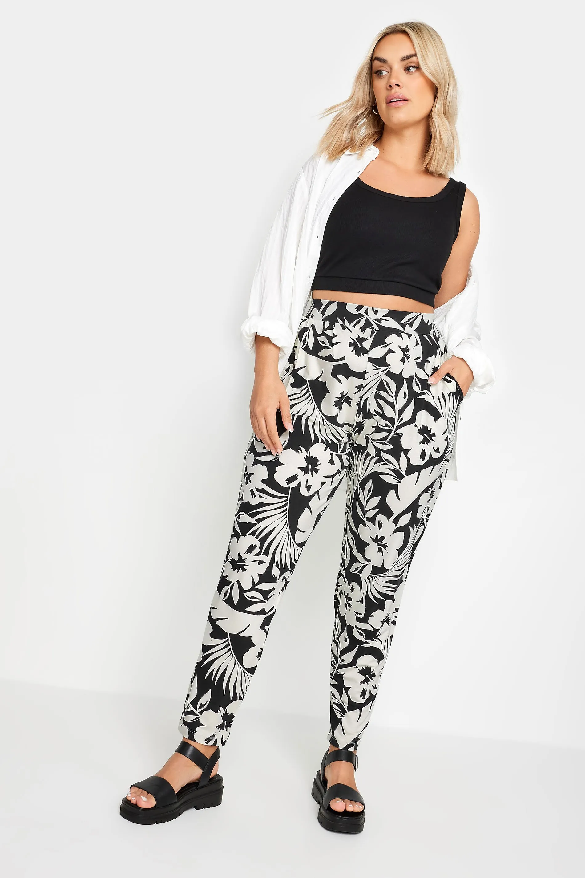 YOURS Curve Black & White Tropical Print Harem Trousers