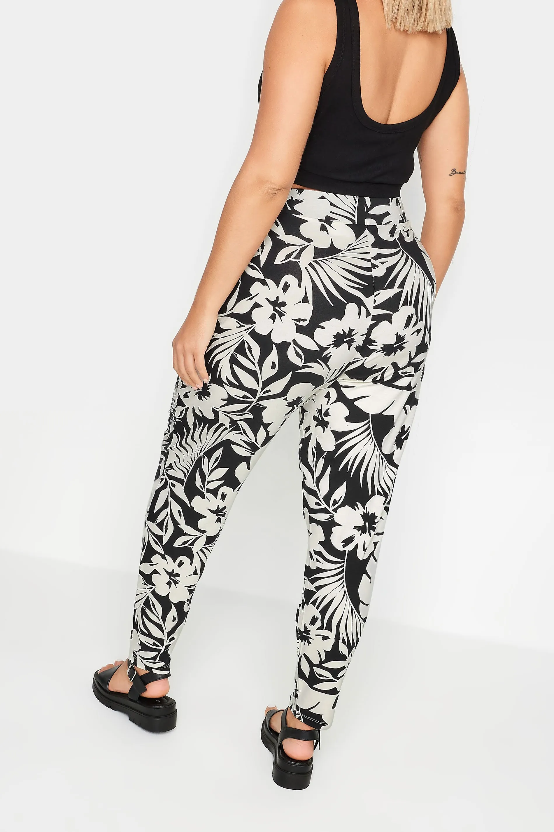 YOURS Curve Black & White Tropical Print Harem Trousers