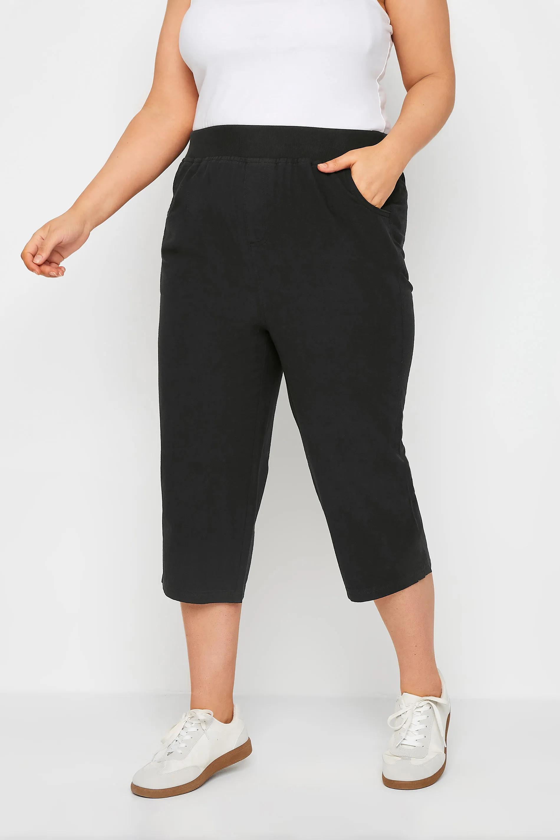 YOURS Curve Black Elasticated Cool Cotton Cropped Trousers