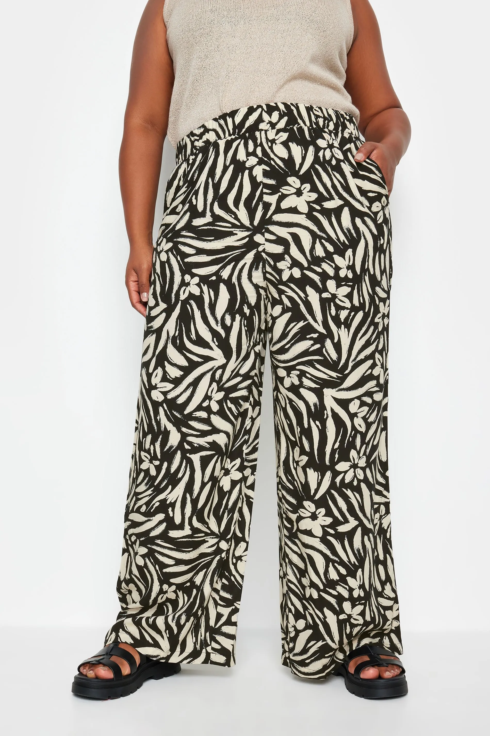 YOURS Curve Black Floral Print Wide Leg Trousers