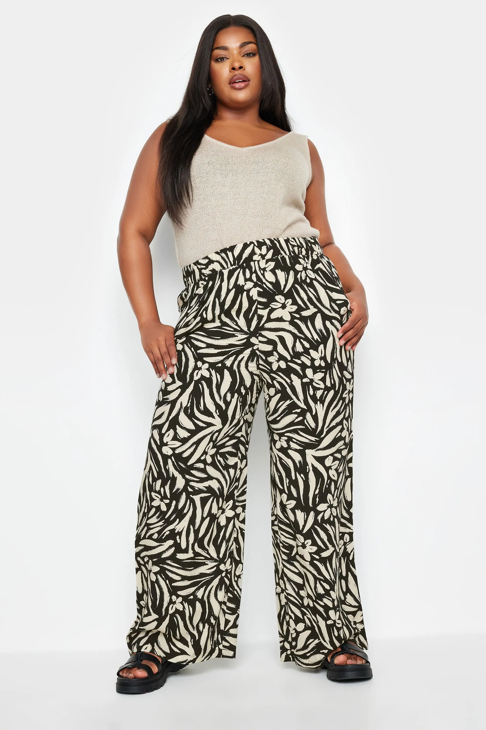 YOURS Curve Black Floral Print Wide Leg Trousers