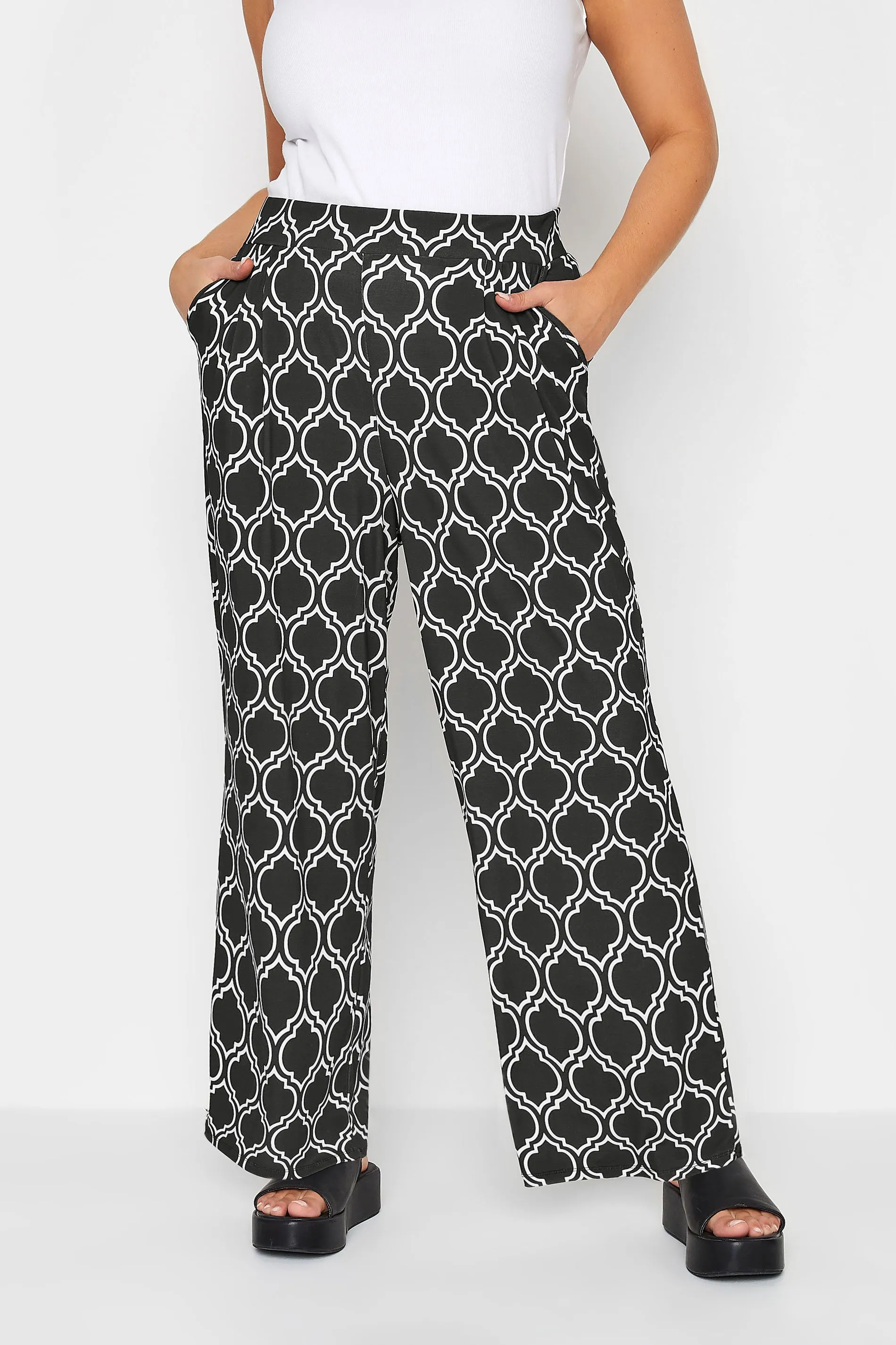 YOURS Curve Black Geometric Print Wide Leg Trousers