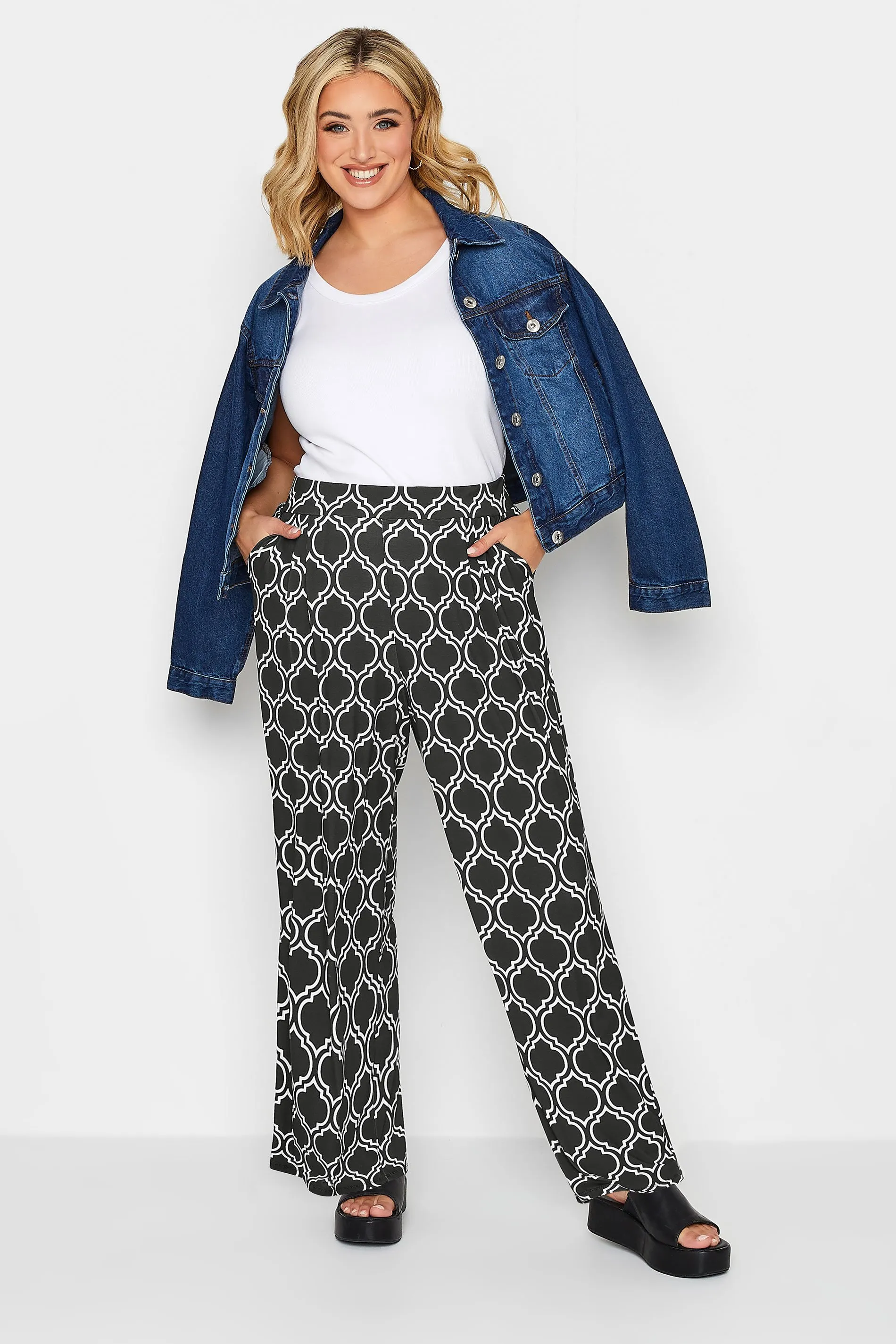 YOURS Curve Black Geometric Print Wide Leg Trousers