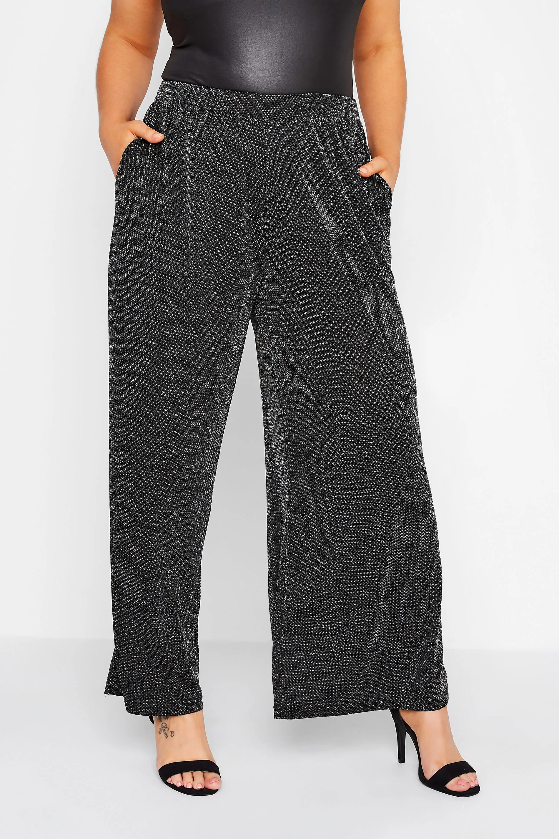 YOURS Curve Black Glitter Stretch Wide Leg Trousers