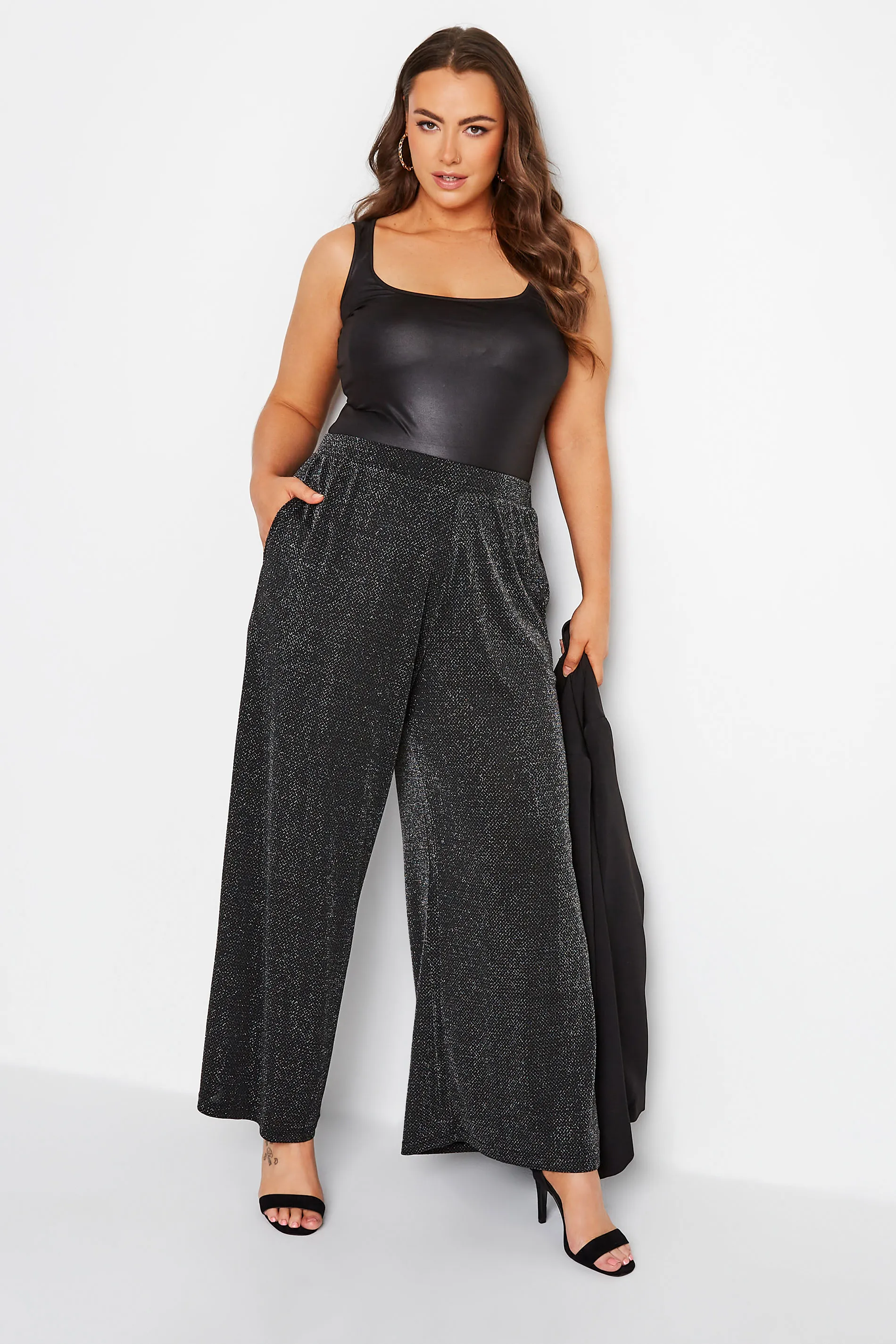 YOURS Curve Black Glitter Stretch Wide Leg Trousers