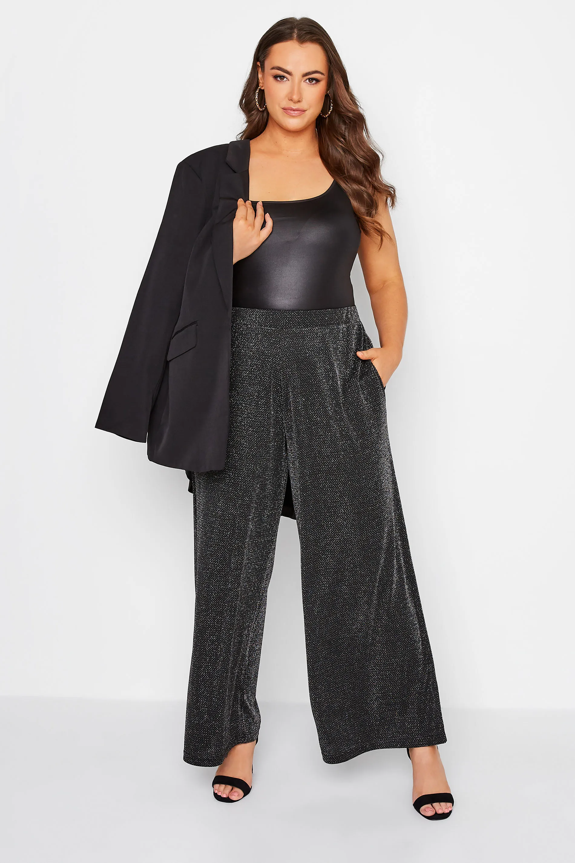 YOURS Curve Black Glitter Stretch Wide Leg Trousers