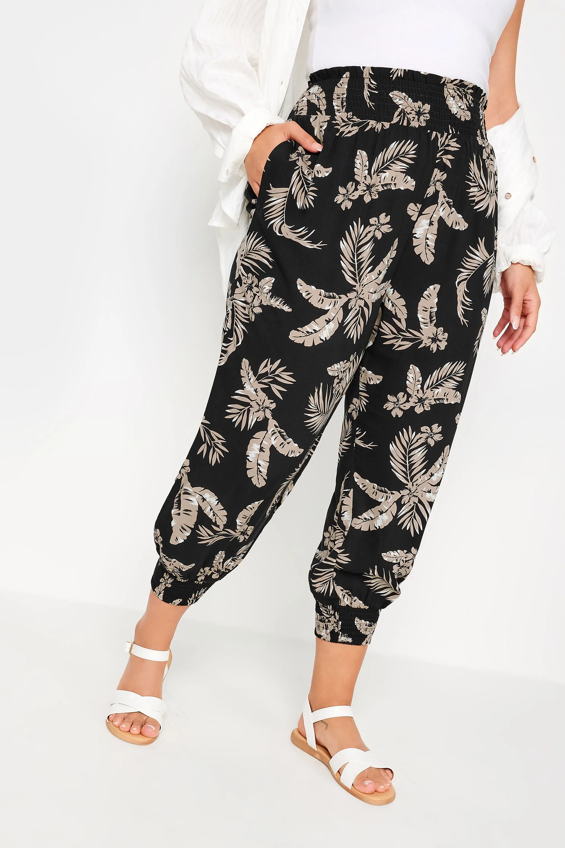 YOURS Curve Black Leaf Print Shirred Harem Trousers