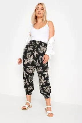 YOURS Curve Black Leaf Print Shirred Harem Trousers