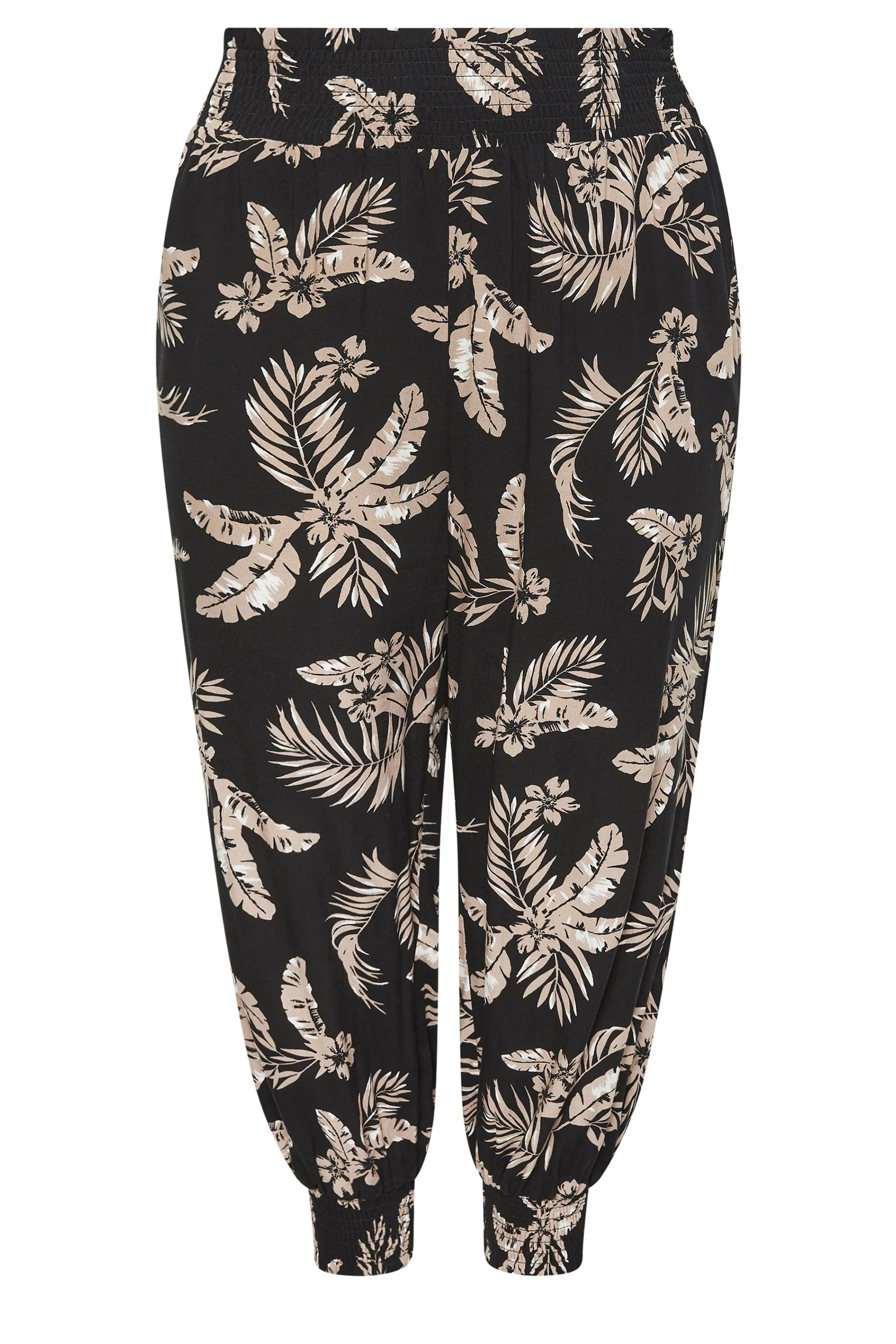 YOURS Curve Black Leaf Print Shirred Harem Trousers