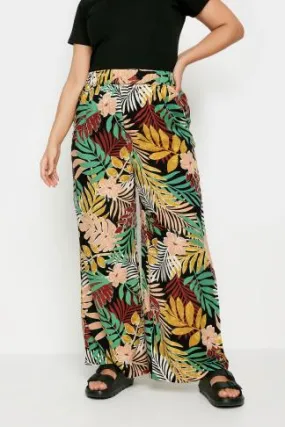 YOURS Curve Black Tropical Print Wide Leg Trousers