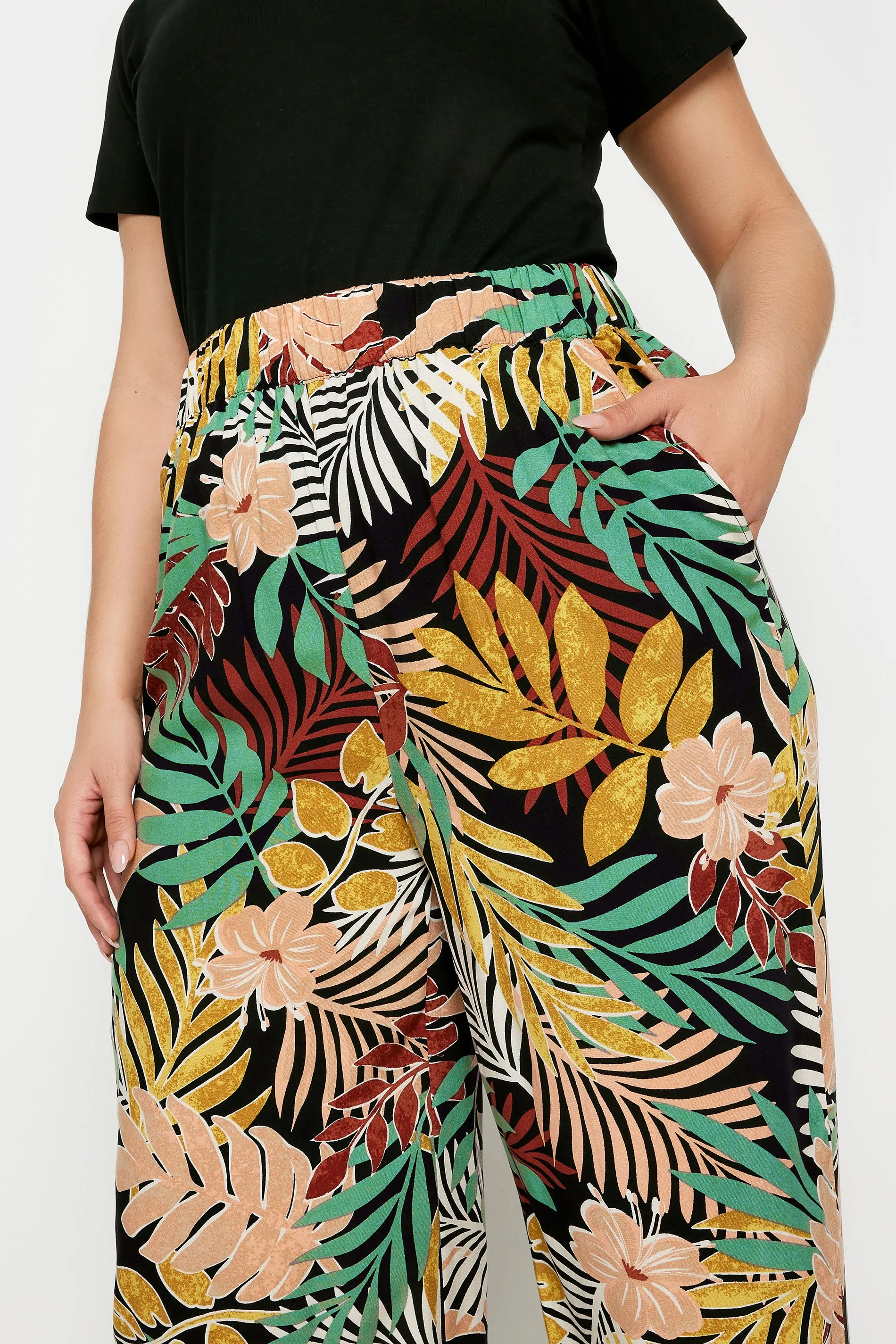 YOURS Curve Black Tropical Print Wide Leg Trousers