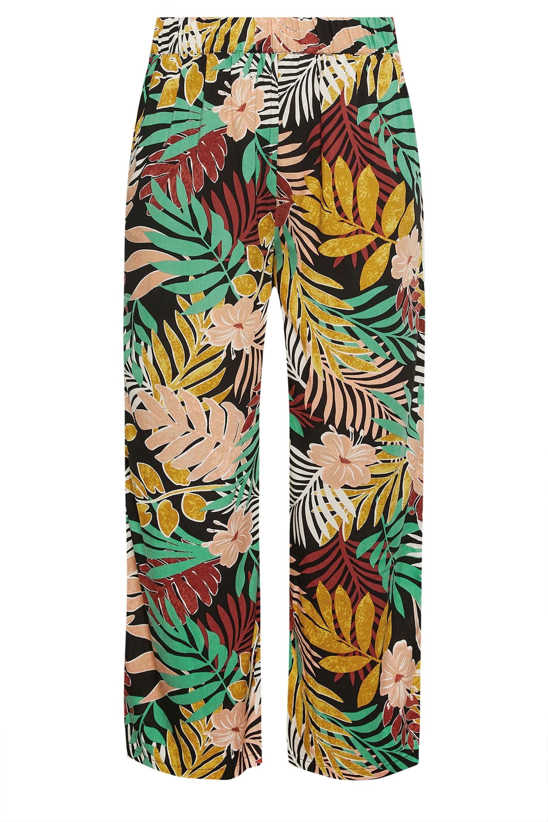 YOURS Curve Black Tropical Print Wide Leg Trousers