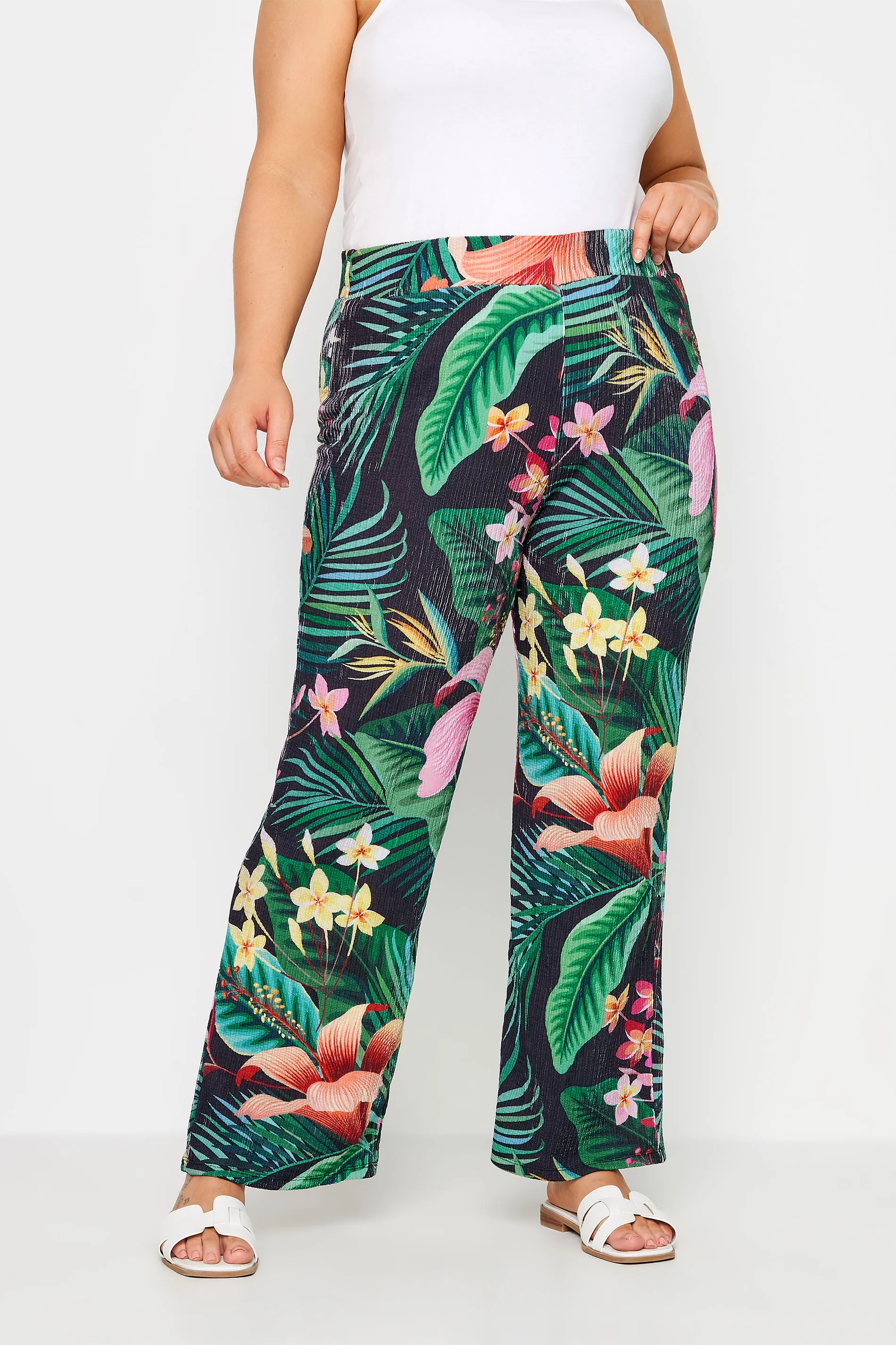 YOURS Curve Green Tropical Print Wide Leg Trousers