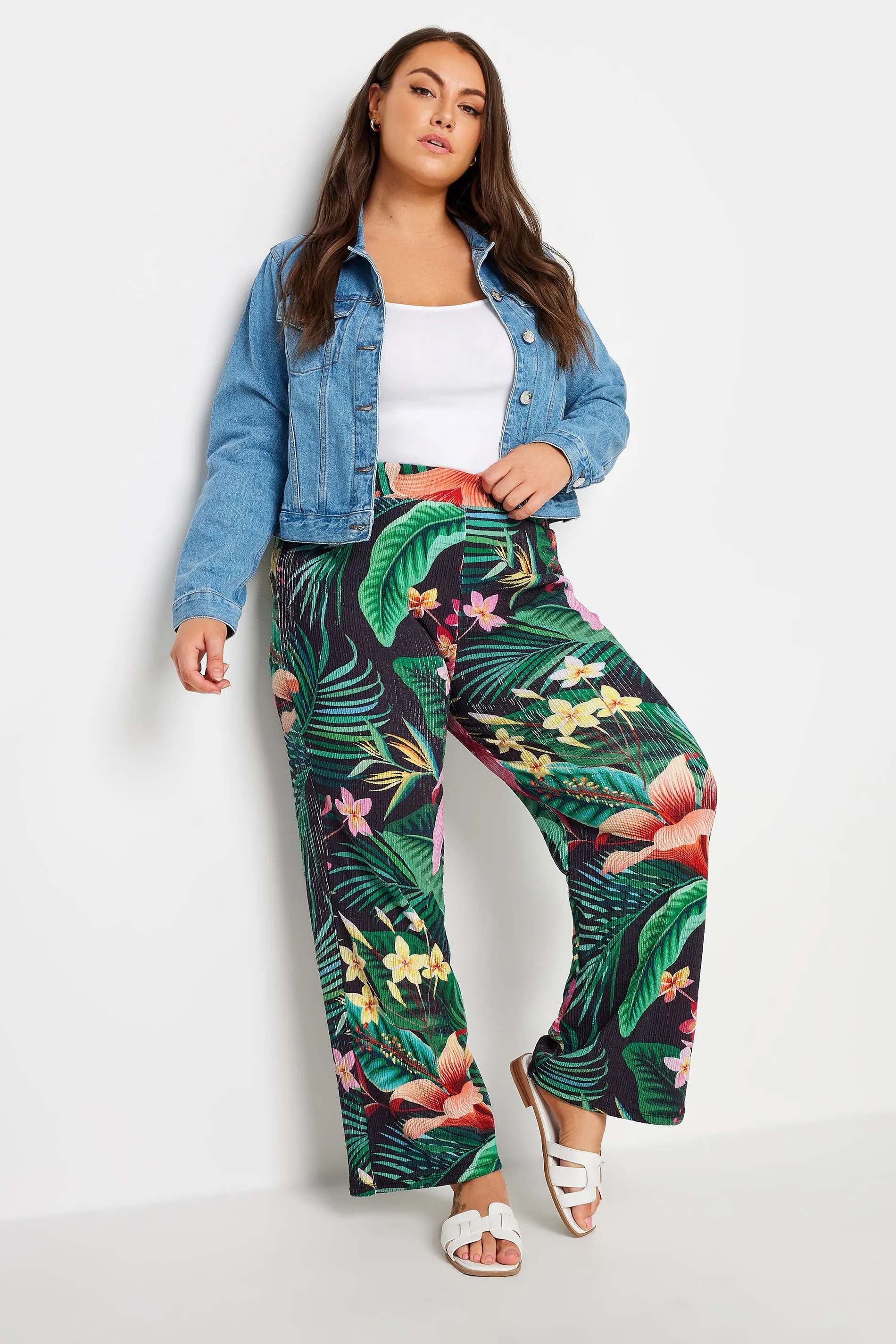 YOURS Curve Green Tropical Print Wide Leg Trousers