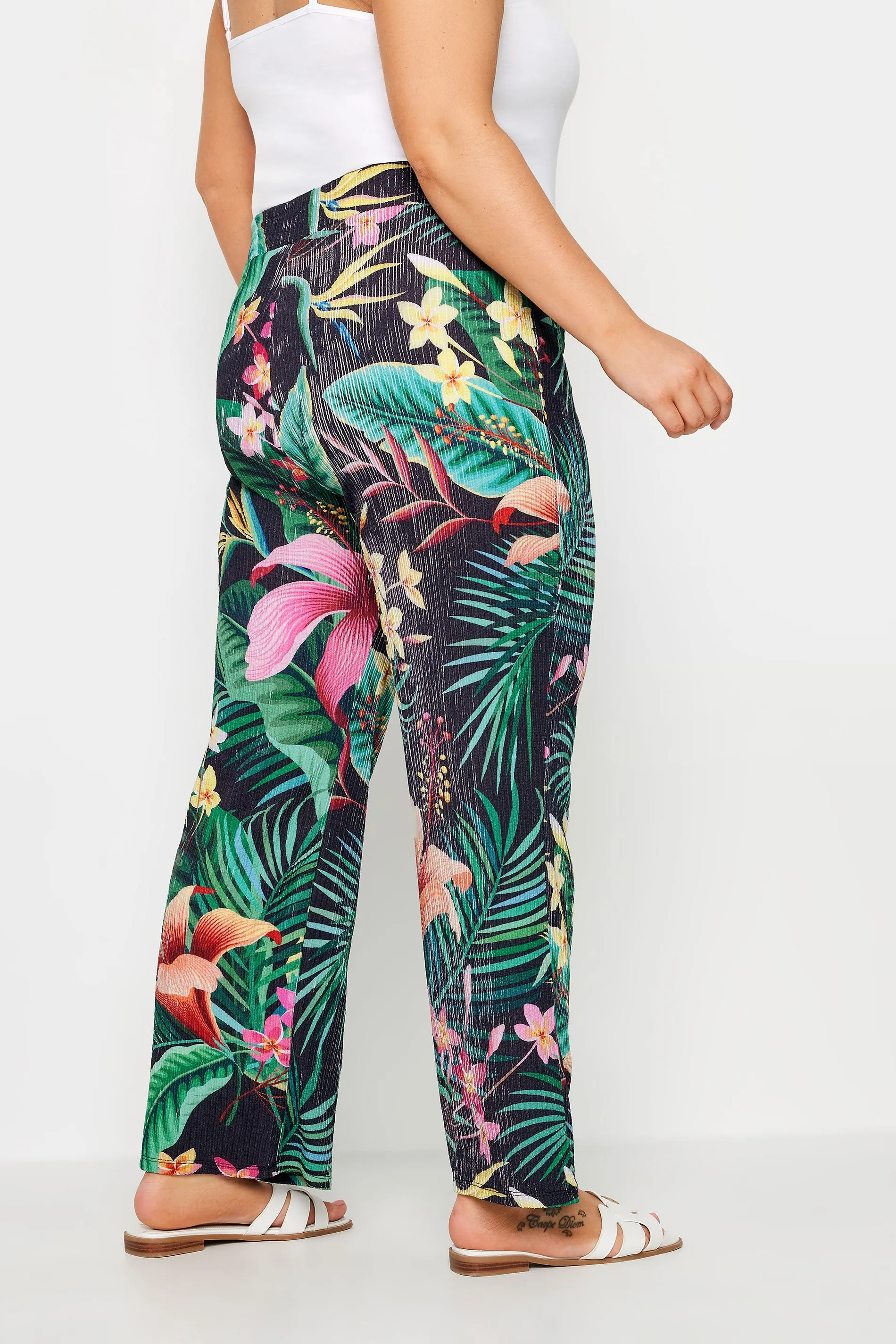 YOURS Curve Green Tropical Print Wide Leg Trousers