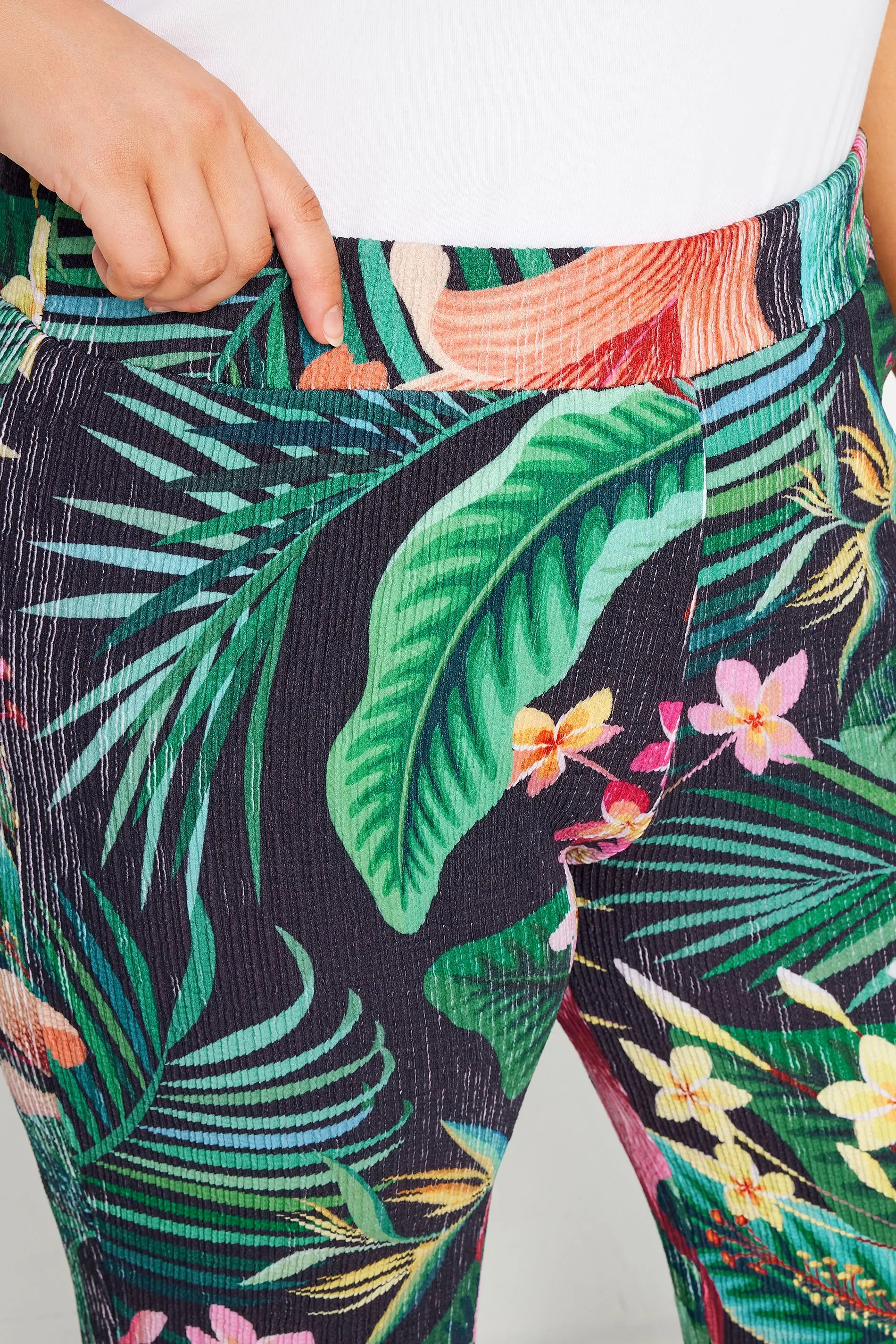 YOURS Curve Green Tropical Print Wide Leg Trousers