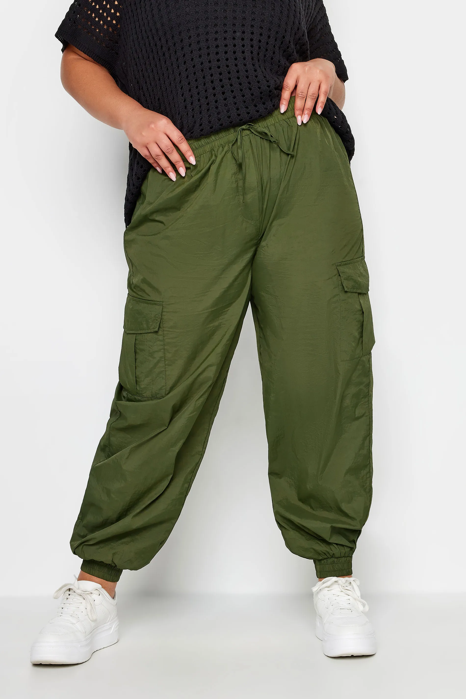 YOURS Curve Khaki Green Cargo Pocket Parachute Trousers