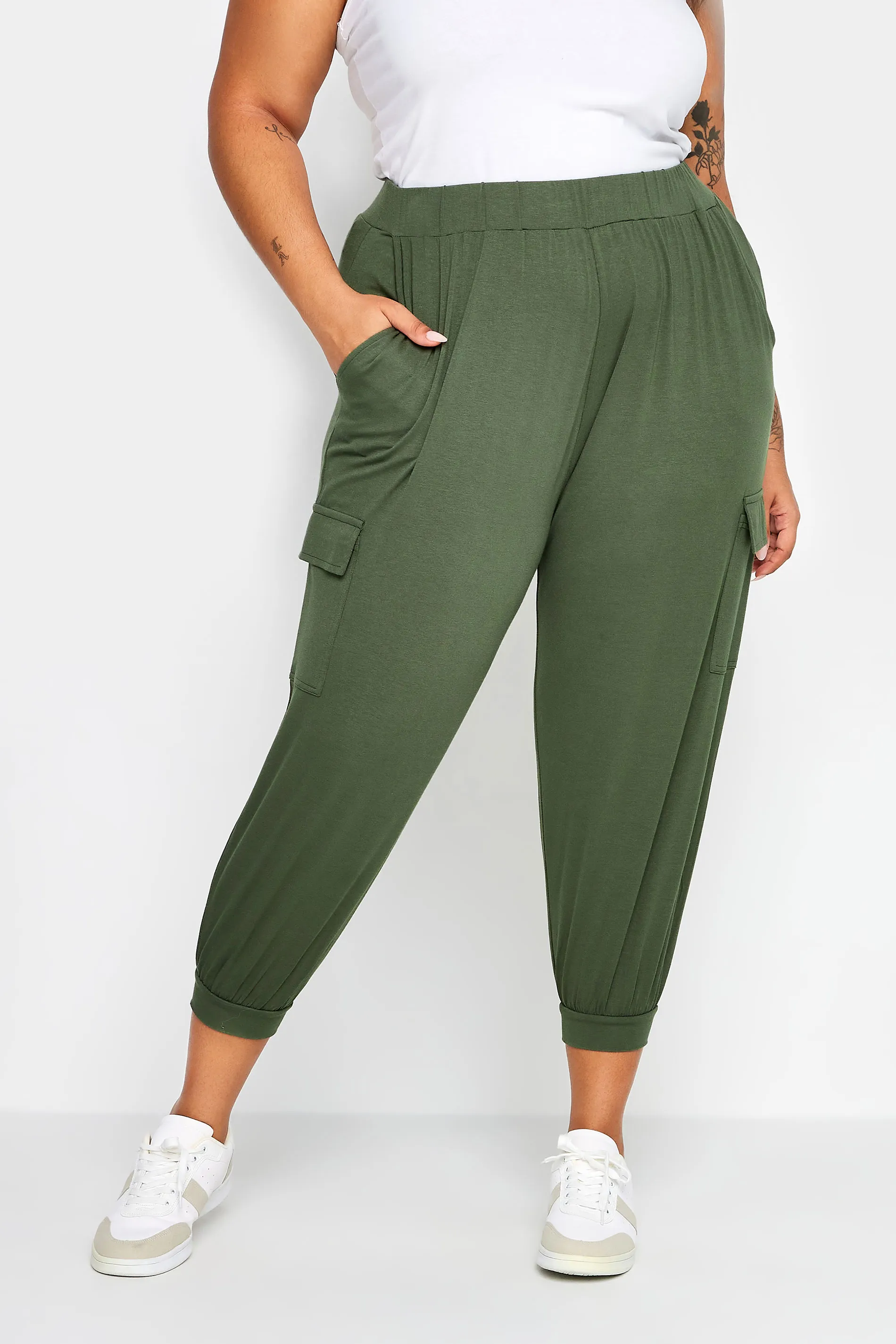 YOURS Curve Khaki Green Cropped Cargo Harem Trousers