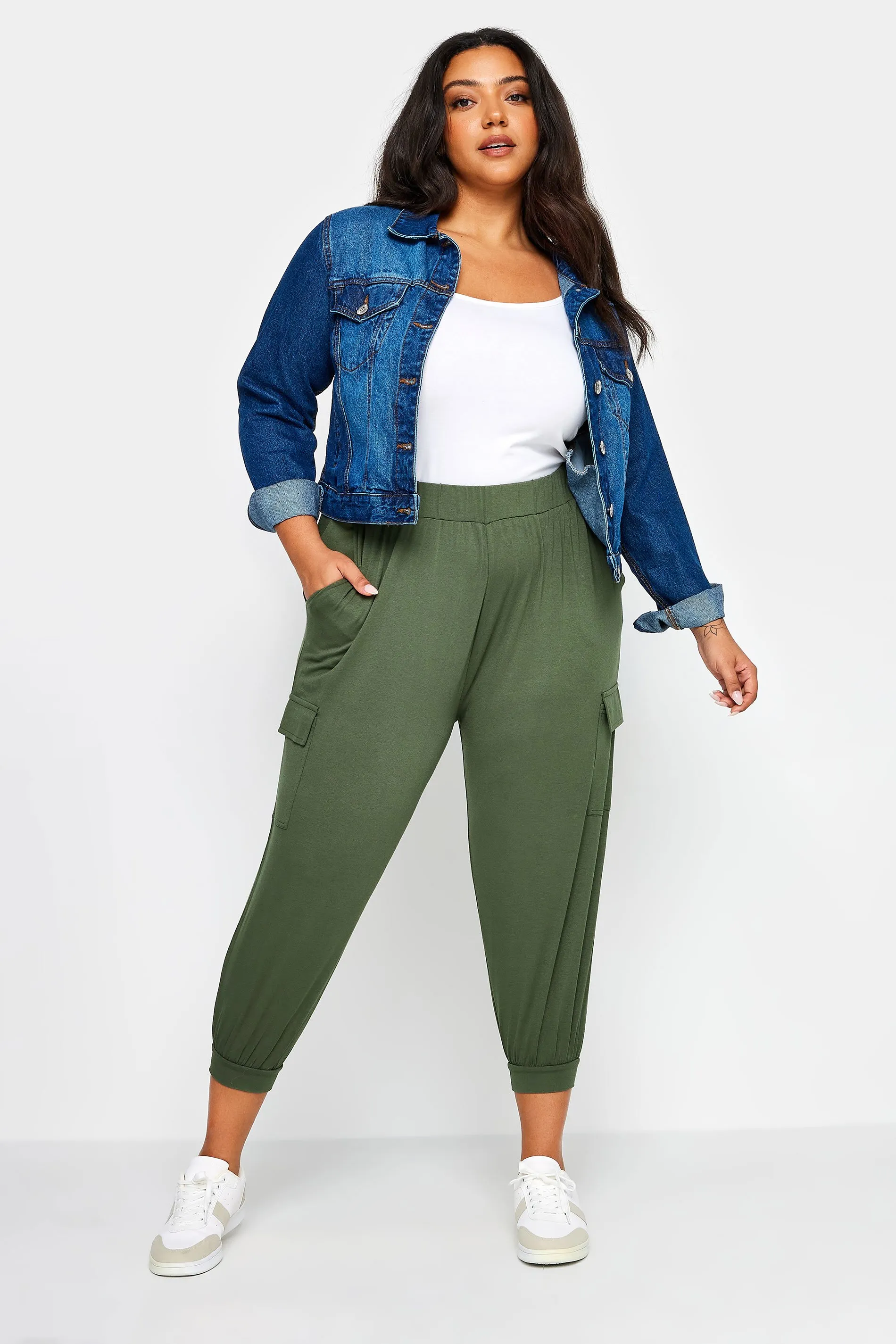 YOURS Curve Khaki Green Cropped Cargo Harem Trousers